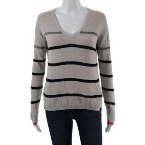 L T Unisex Beige Striped V-Neck Pullover 95% Cotton 5% Cashmere Size XS